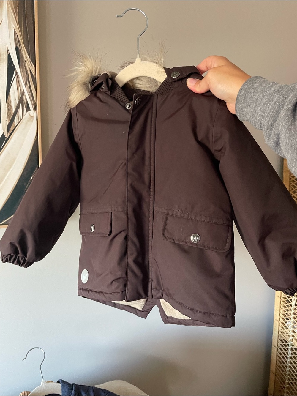 Wheat toddler Kids Hooded Puffer Jacket with Faux Fur Trim - Dark Brown 18 month